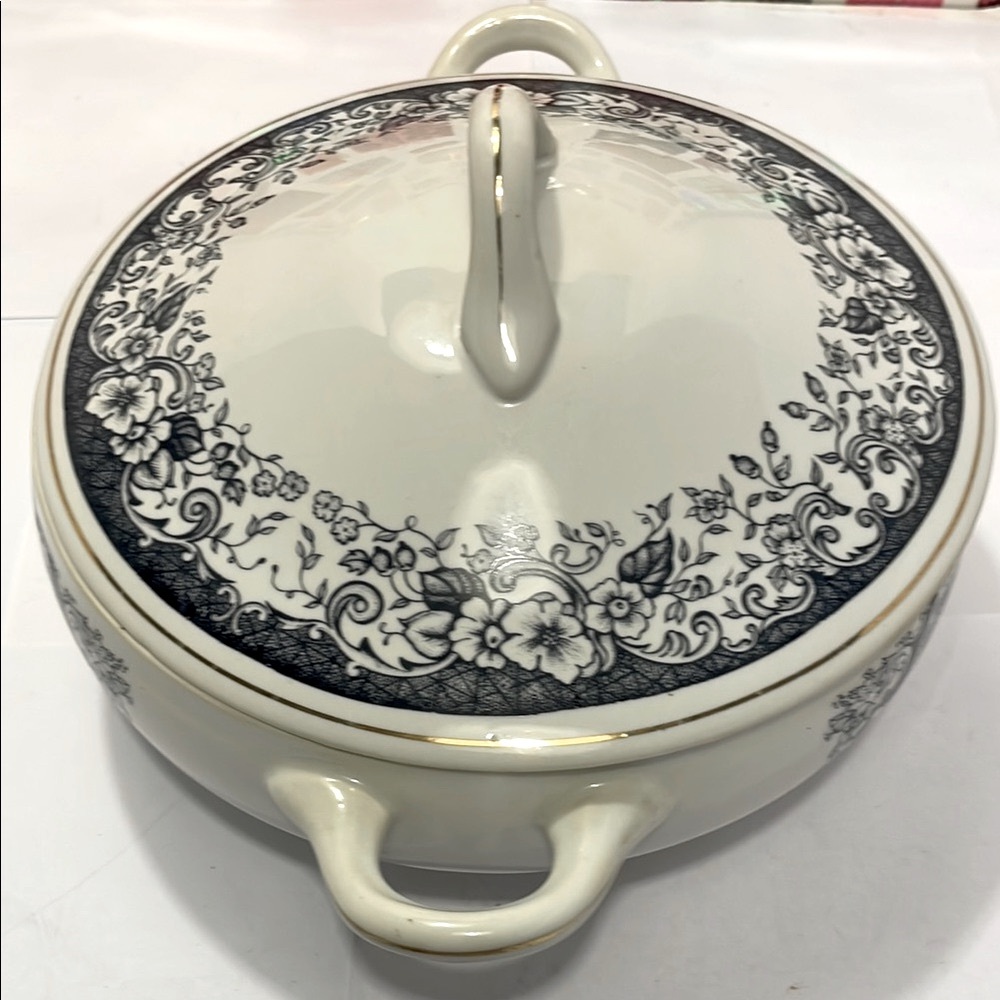 Vintage San Claudio Elegant Black and White Lidded Tureen Serving Dish